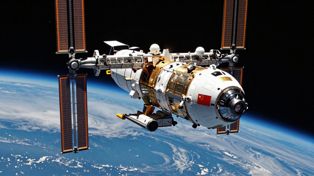 Estação espacial chinesa orbitando sobre a Terra com painéis solares e céu escuro ao fundo.