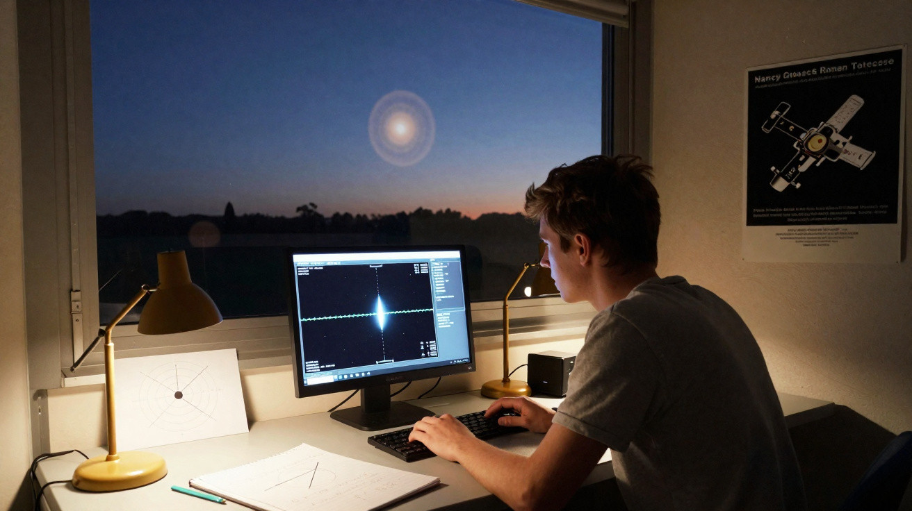 Jovem sentado em mesa iluminada por abajures, olhando para monitor com dados gráficos à noite, com janela ao fundo.