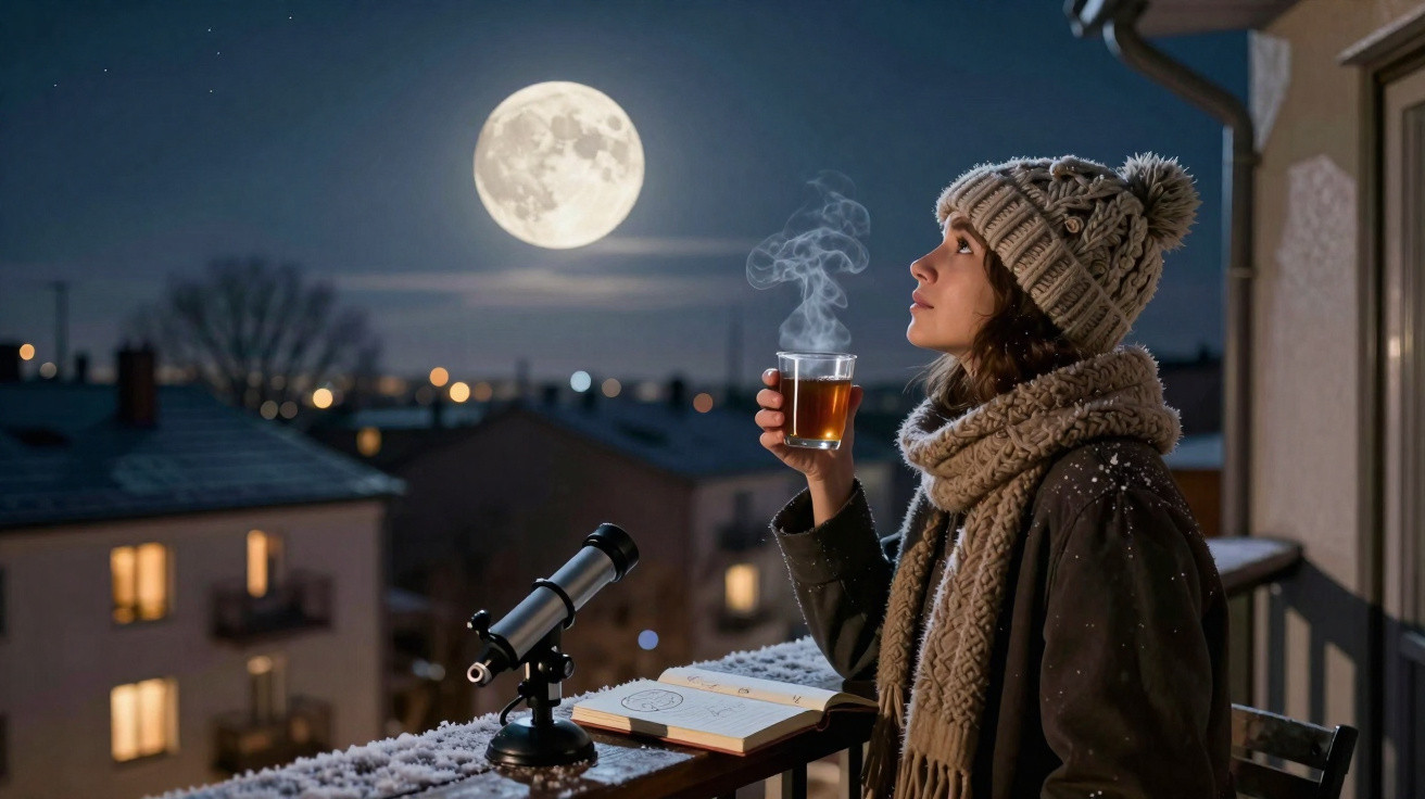 Mulher com roupa de inverno observando a lua cheia na varanda com telescópio e chá quente.