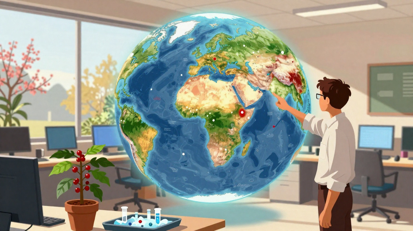 Pessoa em escritório interagindo com globo terrestre digital flutuante ao centro da imagem.
