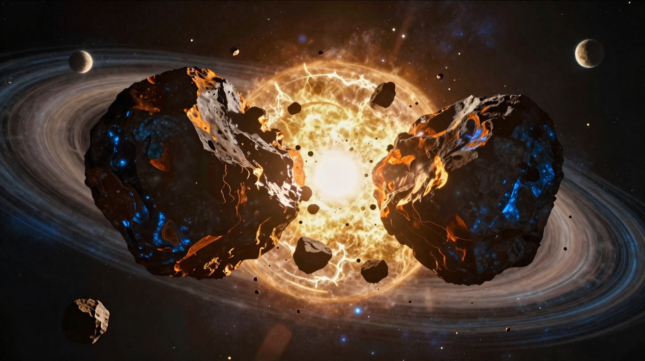 Explosão no espaço com dois grandes asteroides e um núcleo brilhante cercado por anéis planetários.