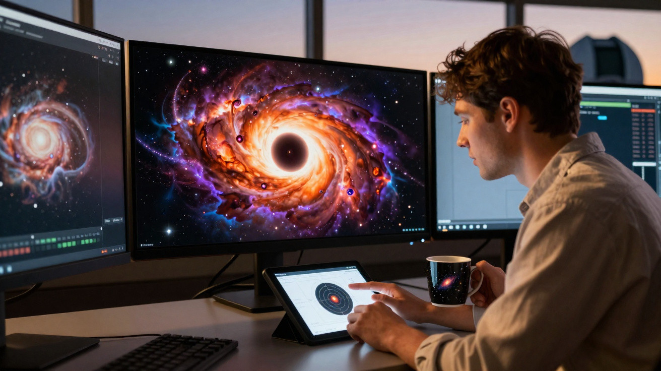 Homem observando imagens de galáxias em três monitores enquanto segura uma caneca e usa tablet.