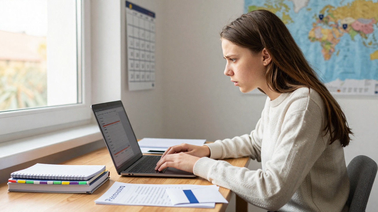 Mulher jovem concentrada usando laptop em mesa com agenda, documentos e mapa na parede.