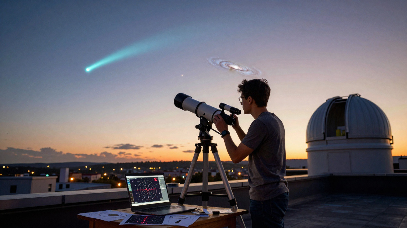 Jovem observando o céu com telescópio ao pôr do sol, com computador e cúpula de observatório ao fundo.
