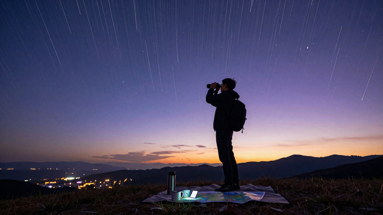 Pessoa usando binóculo observando o céu estrelado ao anoitecer em montanha, com mochila e objetos no chão.