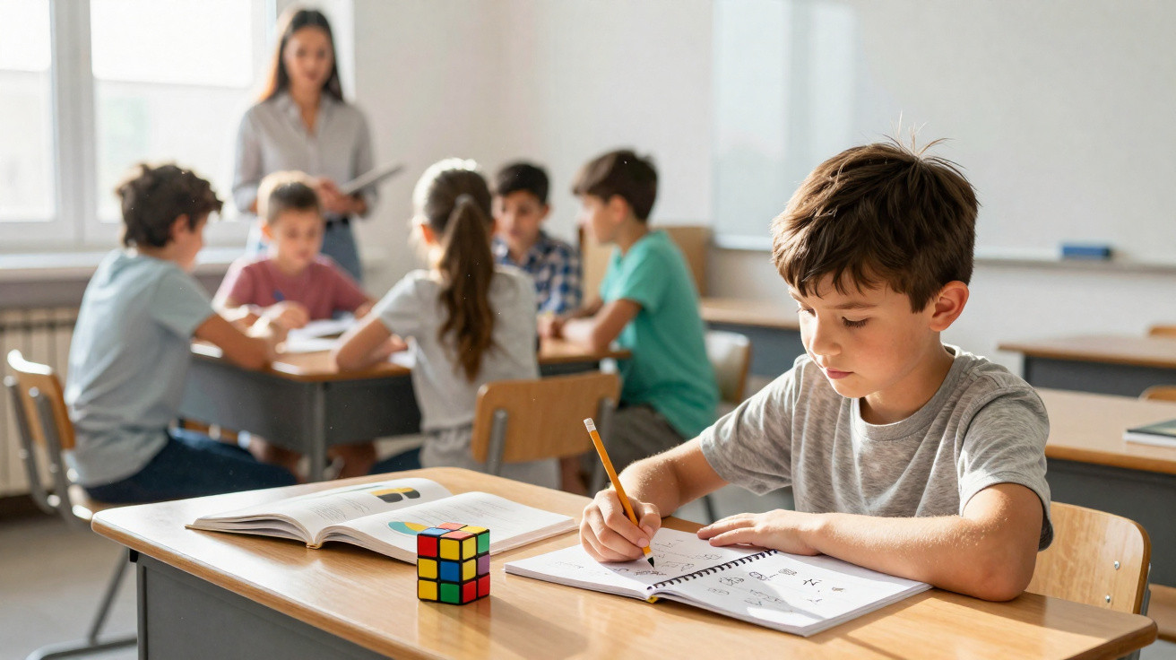 Garoto concentrado escrevendo no caderno em sala de aula, com grupo de crianças e professora ao fundo.