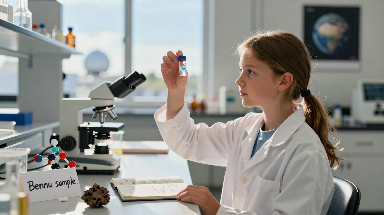 Garota cientista em laboratório observando amostra em tubo de ensaio com microscópio e livro aberto.