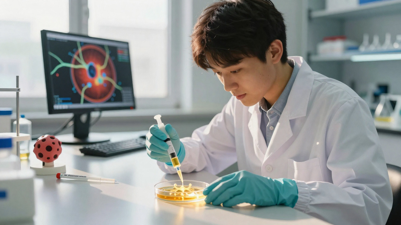 Cientista jovem usando luvas manipula pipeta com líquido em placa de Petri em laboratório moderno.