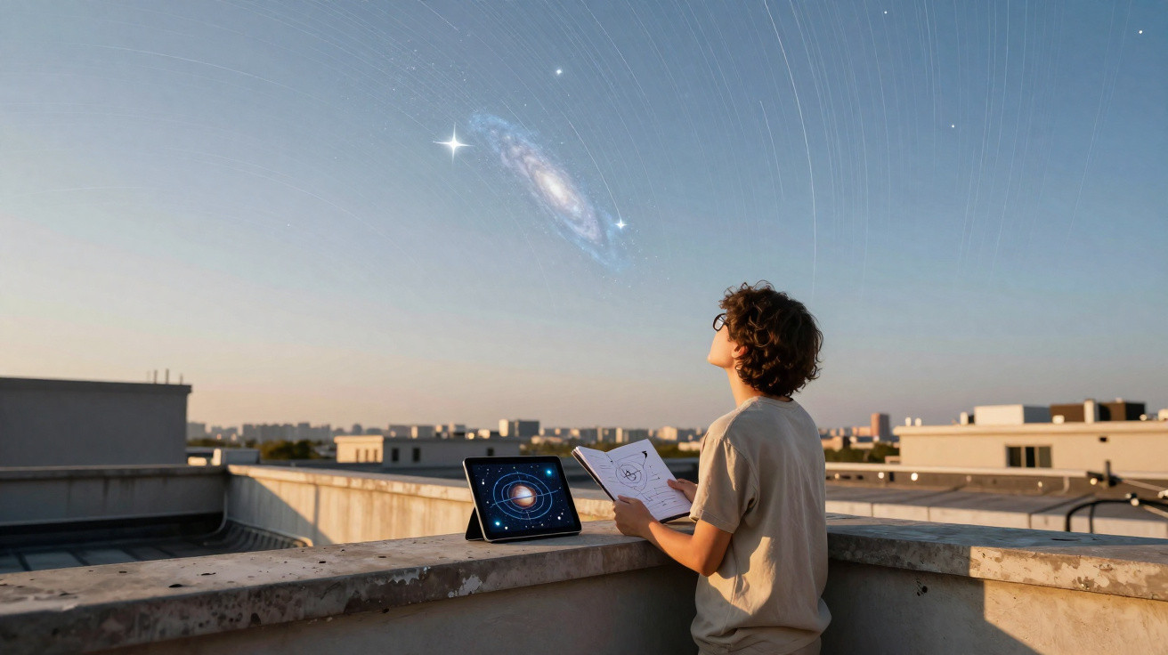 Menino observando céu estrelado no terraço com tablet e caderno, com holograma de galáxia no céu.
