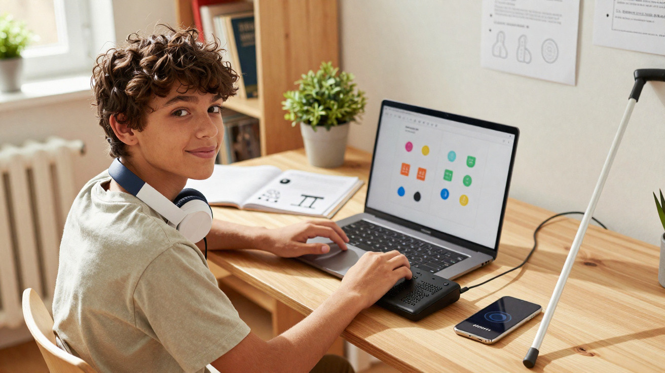 Menino com fones brancos usa laptop em mesa com livros, planta, bengala e smartphone em ambiente iluminado.