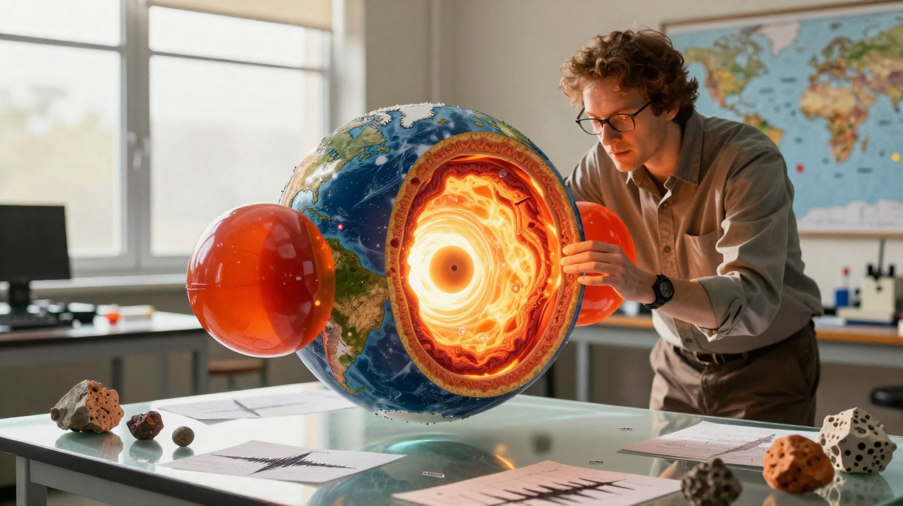 Homem observa modelo tridimensional da Terra com corte mostrando seu núcleo em sala de aula.