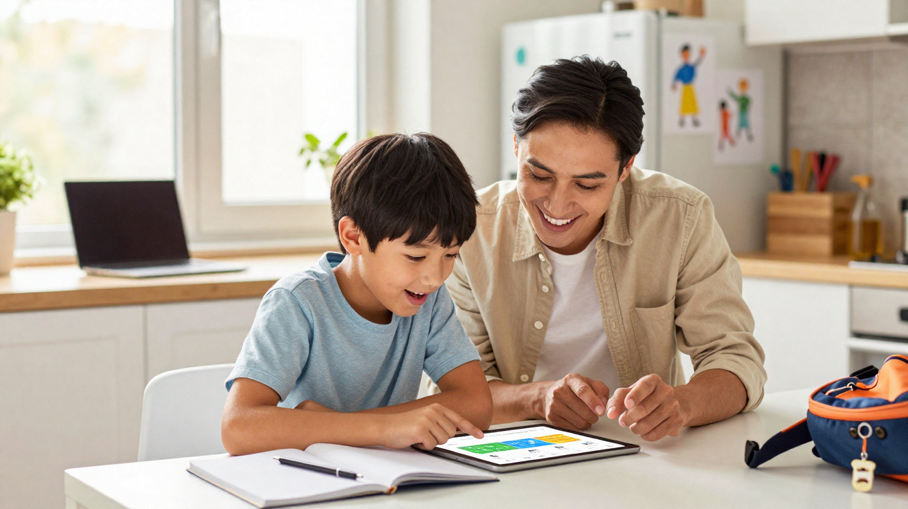 Pai e filho sorrindo enquanto usam um tablet juntos na cozinha, com livro aberto e mochila na mesa.
