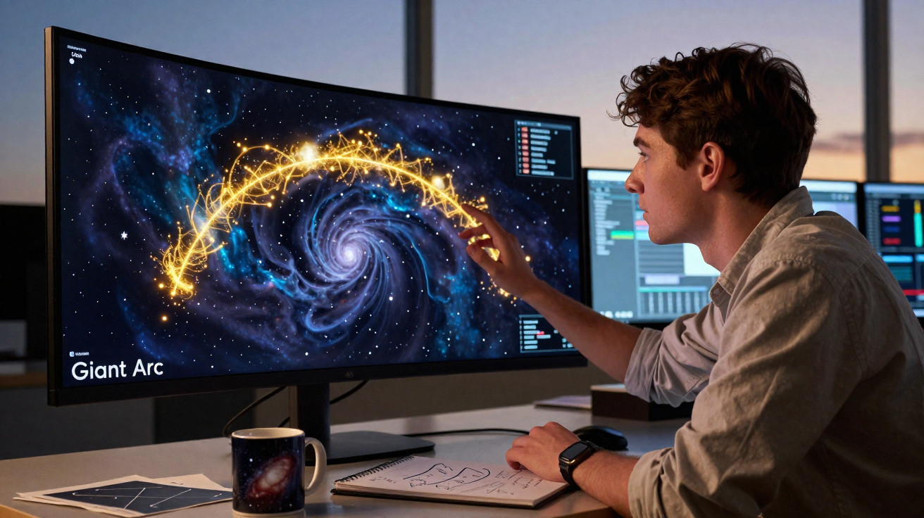Jovem interage com tela mostrando imagem de galáxia e arco brilhante em ambiente de trabalho tecnológico.
