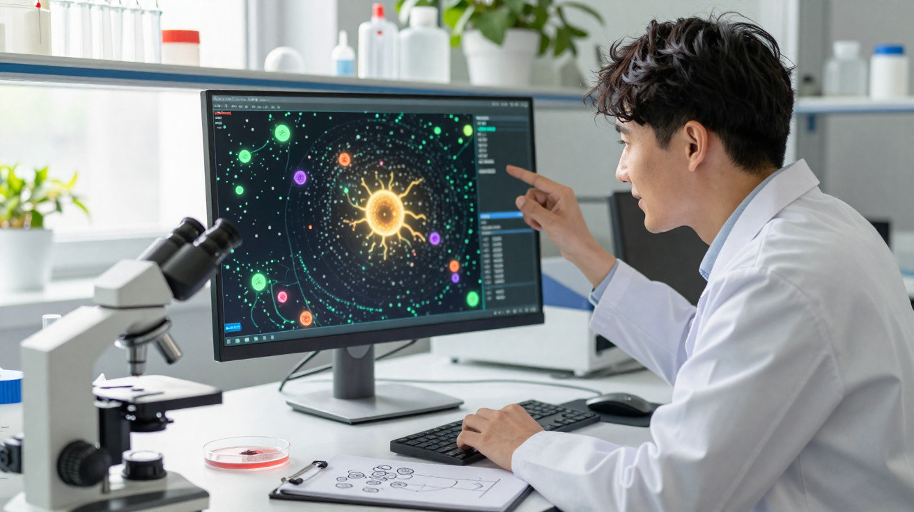 Cientista em laboratório analisando simulação de sistema solar colorido em computador.