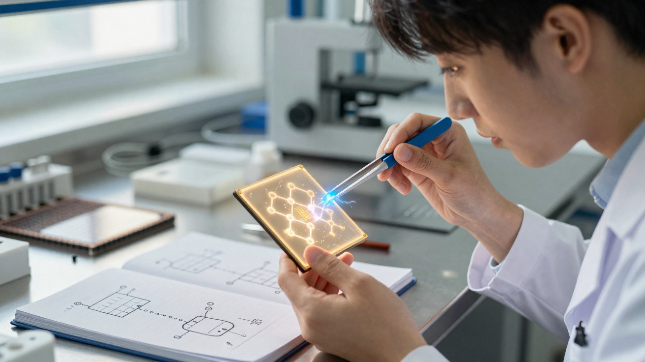 Pesquisador manipulando chip eletrônico com modelo molecular brilhante em laboratório tecnológico.