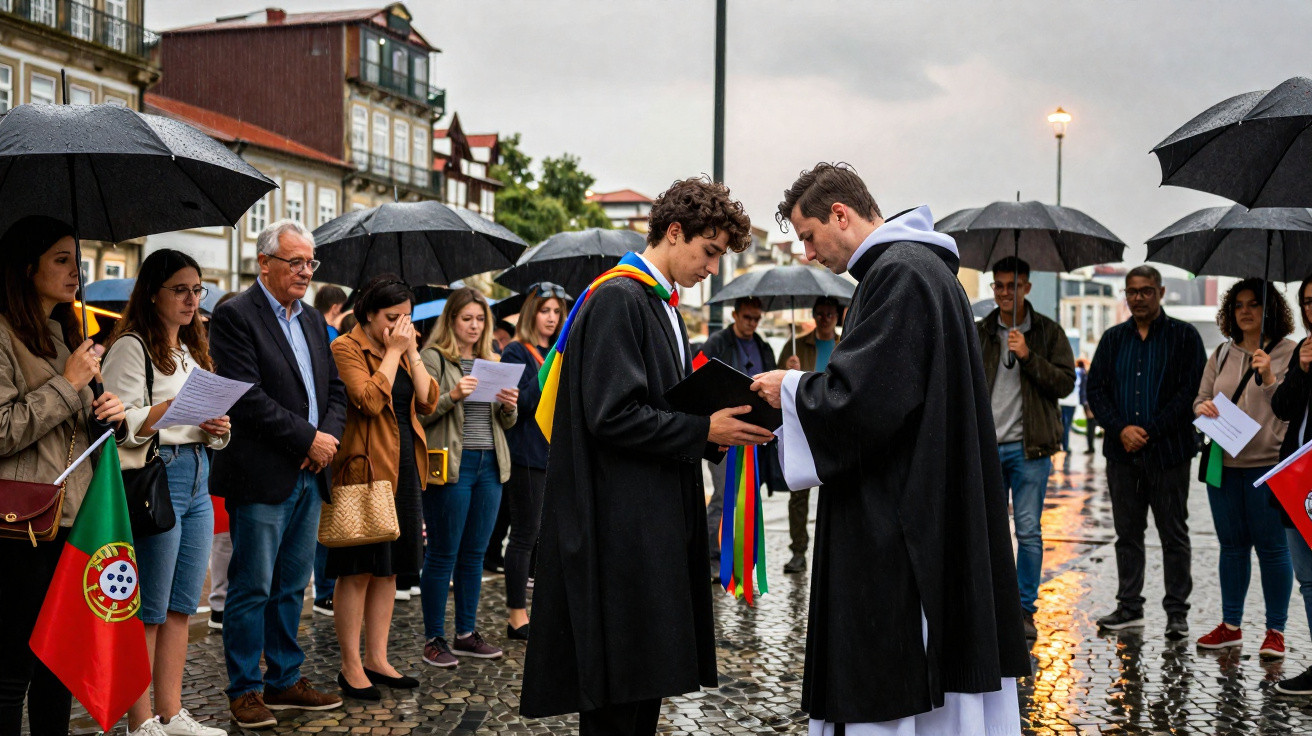 Grupo de pessoas com guarda-chuvas em cerimônia ao ar livre em dia chuvoso com bandeira de Portugal.
