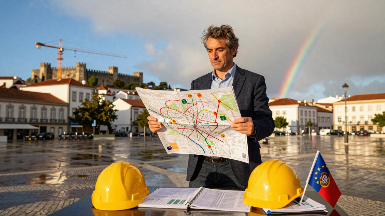 Homem com terno lê mapa em praça com capacetes amarelos e bandeira de Portugal sob arco-íris.
