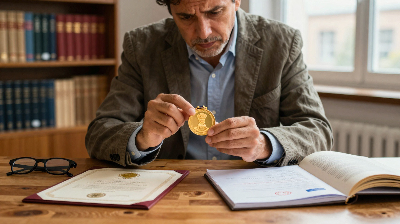 Homem analisando medalha de ouro na mesa com documentos, livros e óculos próximos.