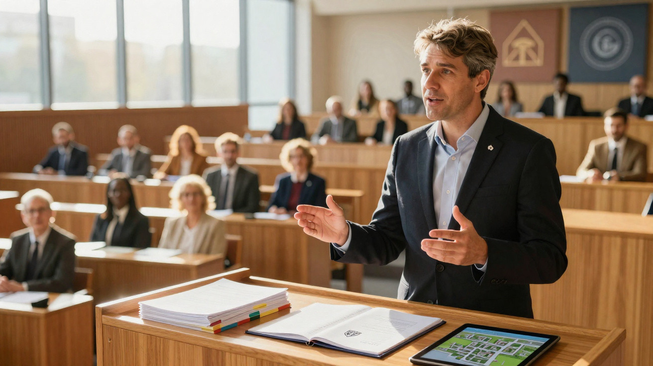 Homem falando em tribunal com público atento ao fundo em ambiente formal.
