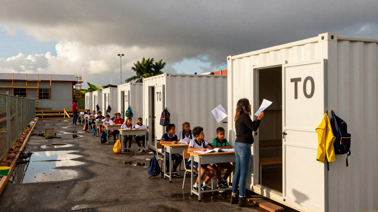 Alunos sentados em filas de carteiras do lado de fora, em ambiente com contêineres adaptados como salas de aula.