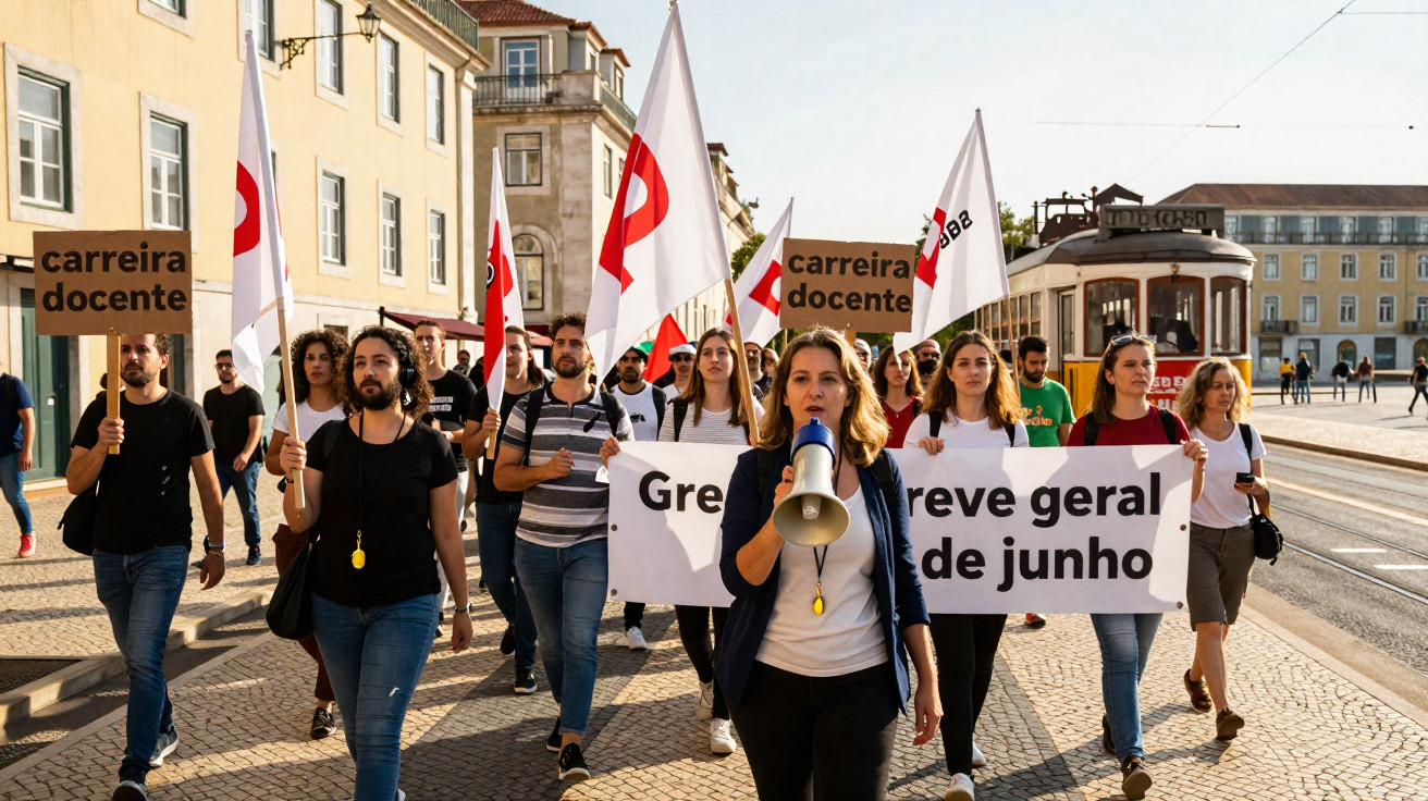 Grupo de manifestantes com faixas e bandeiras protestando por carreira docente em cidade.
