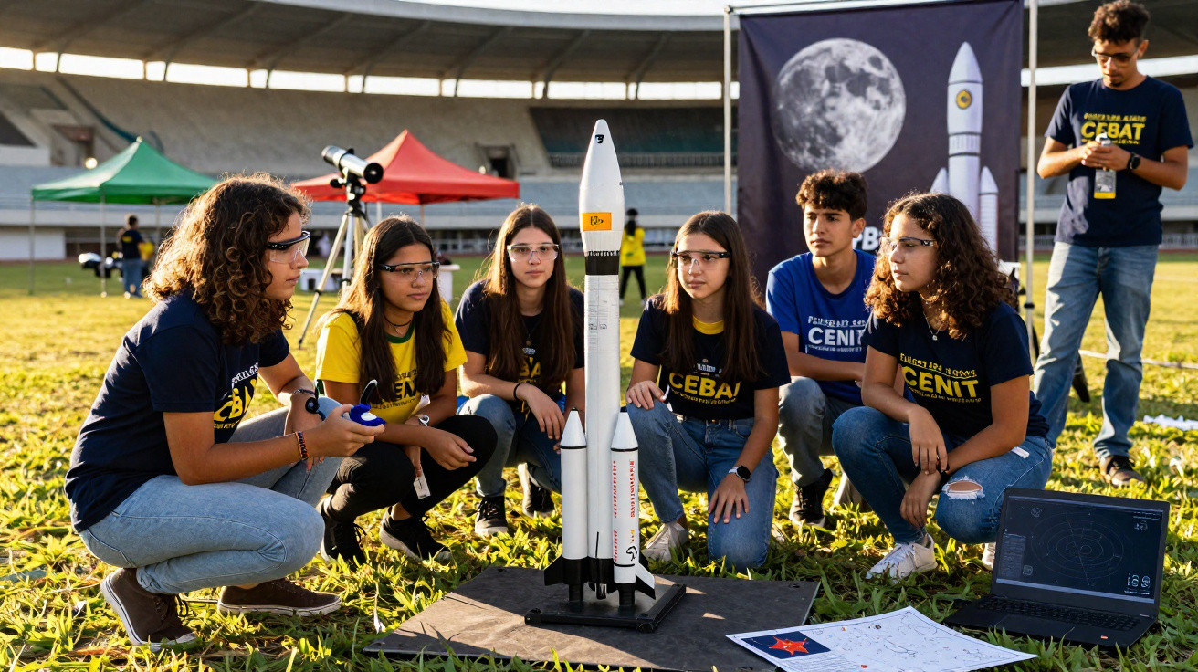 Estudantes com uniformes do CEBAT observam modelo de foguete em evento ao ar livre com laptop e mapas.