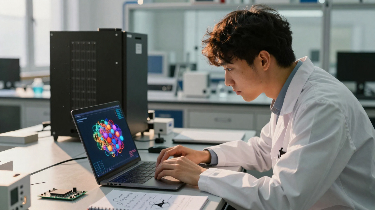 Jovem cientista em jaleco branco analisando modelo 3D colorido em laptop dentro de laboratório tecnológico.
