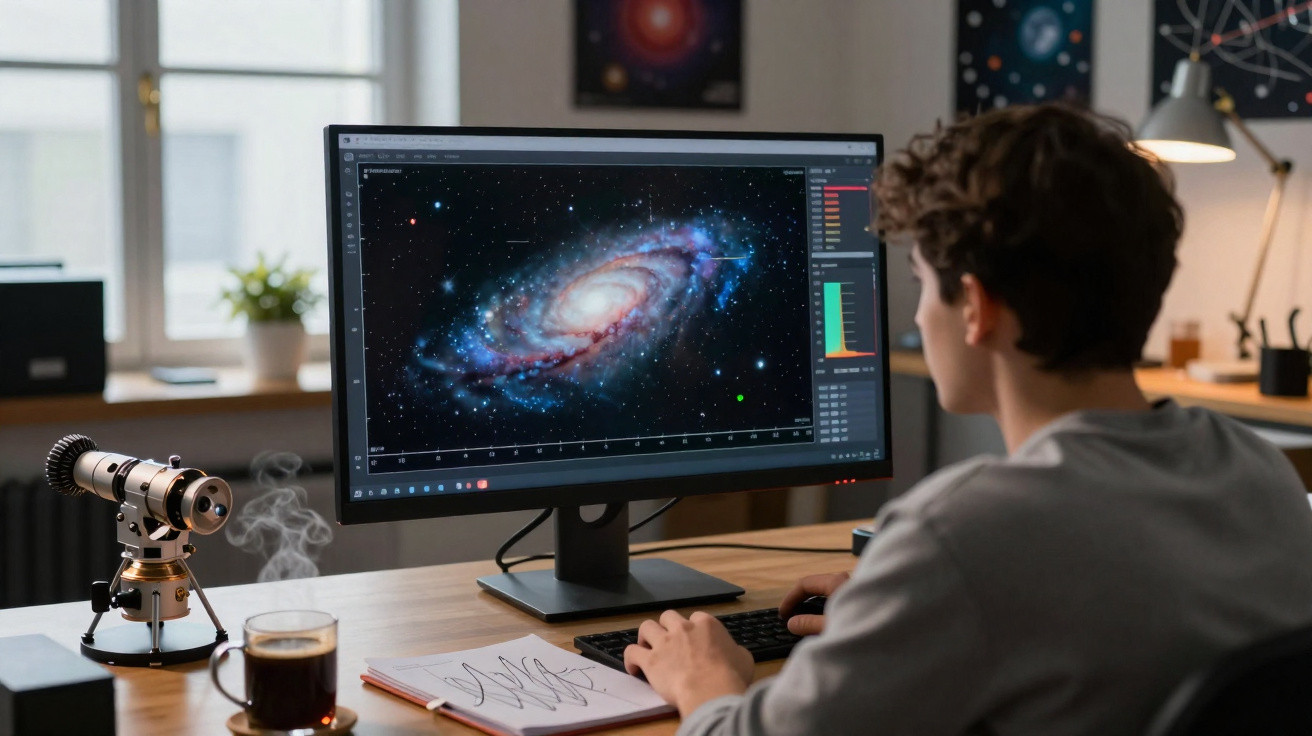 Pessoa jovem observa imagem de galáxia em computador, com telescópio e café em uma mesa.