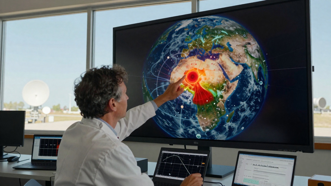 Homem em jaleco aponta para dados geográficos e gráficos em grandes telas e laptops em ambiente de escritório.