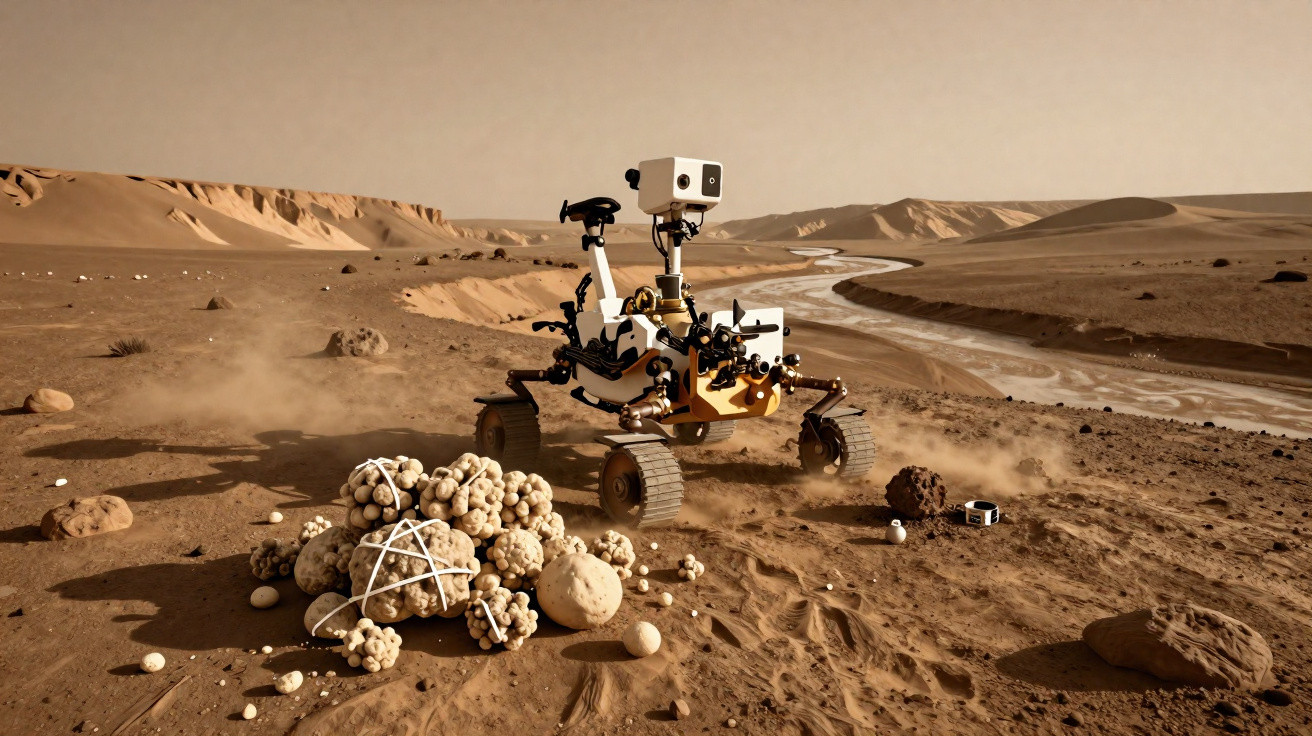 Rover explorando terreno árido e pedregoso em paisagem marciana com céu limpo e sem nuvens.