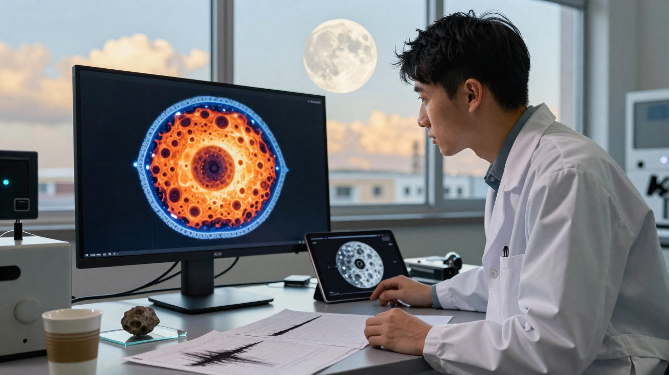 Cientista analisa imagens e dados de amostra circular em telas, com lua cheia visível pela janela ao fundo.