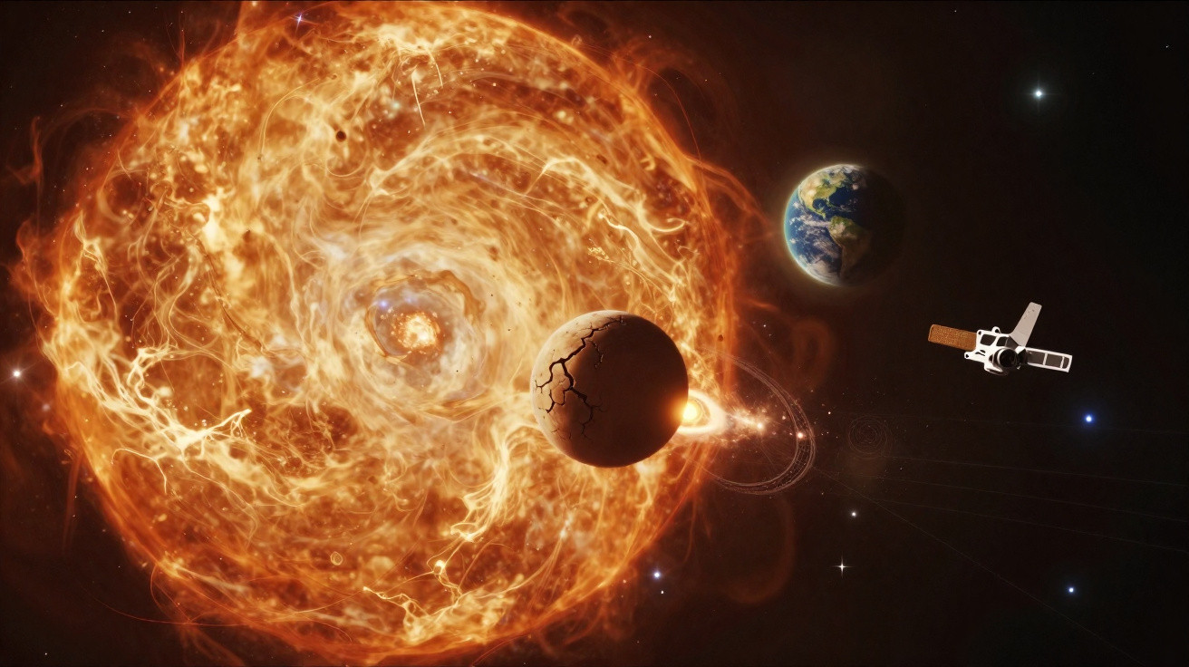 Ilustração do Sol com destaque para planeta rachado, Terra ao fundo e satélite espacial à direita.