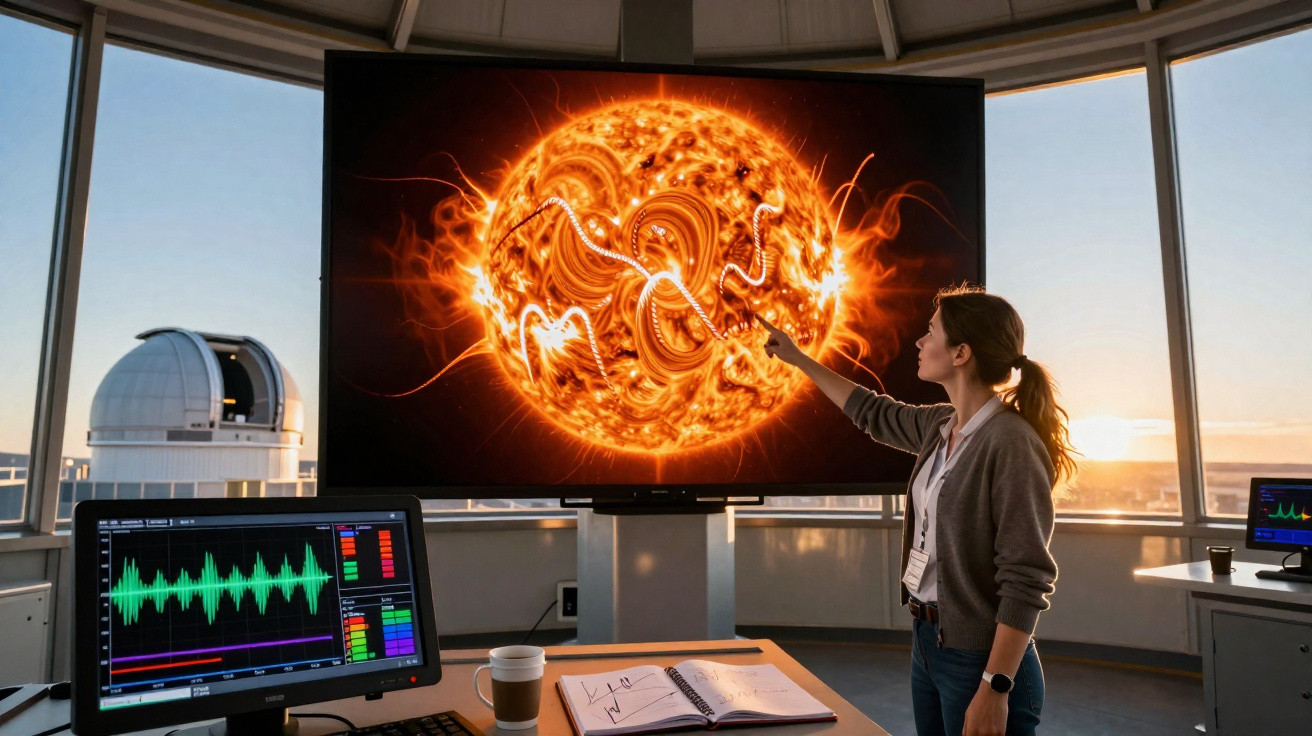 Mulher apontando para tela com imagem detalhada do sol em laboratório com computadores e pôr do sol ao fundo.