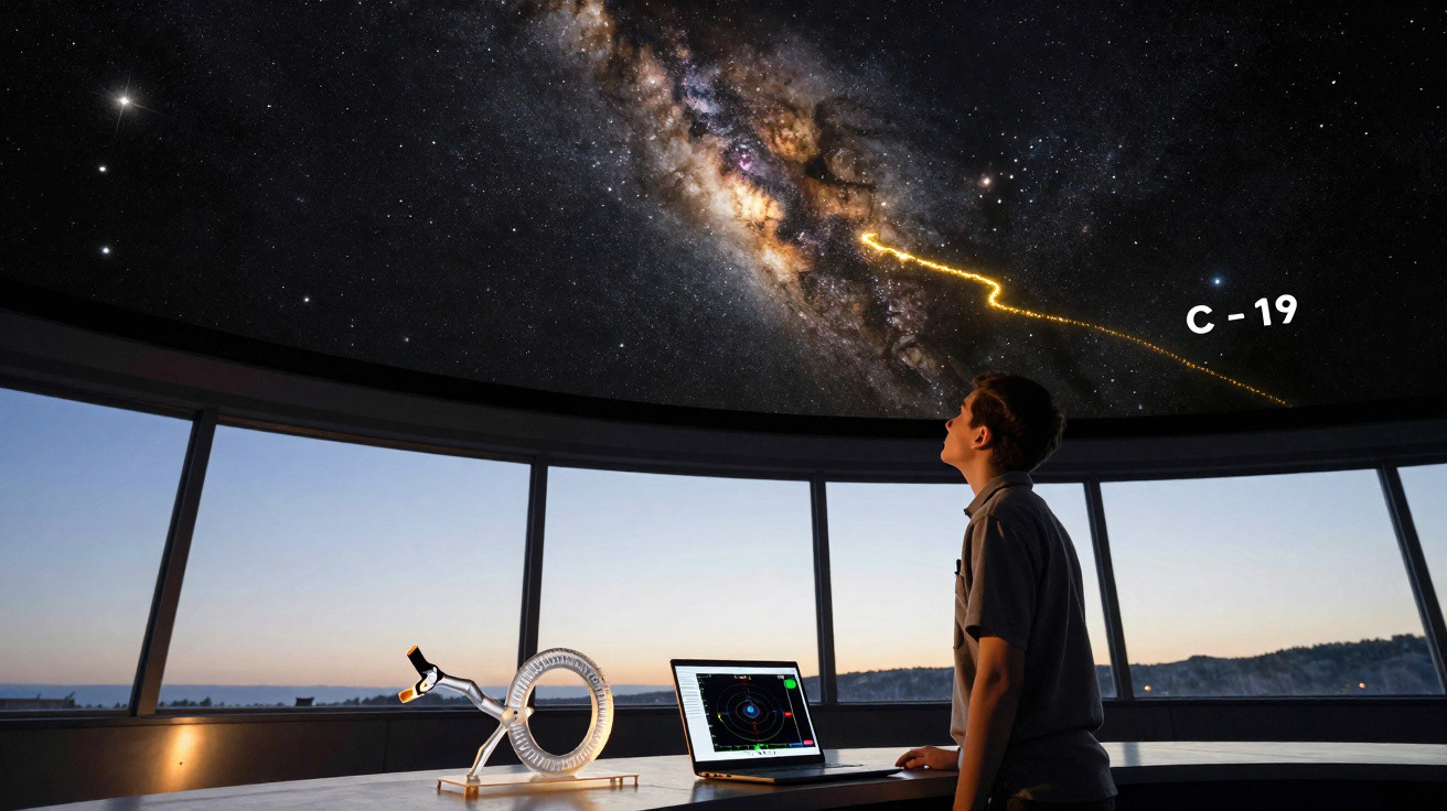 Pessoa observa galáxia Via Láctea projetada em cúpula de observatório astronômico com equipamentos tecnológicos ao redor.