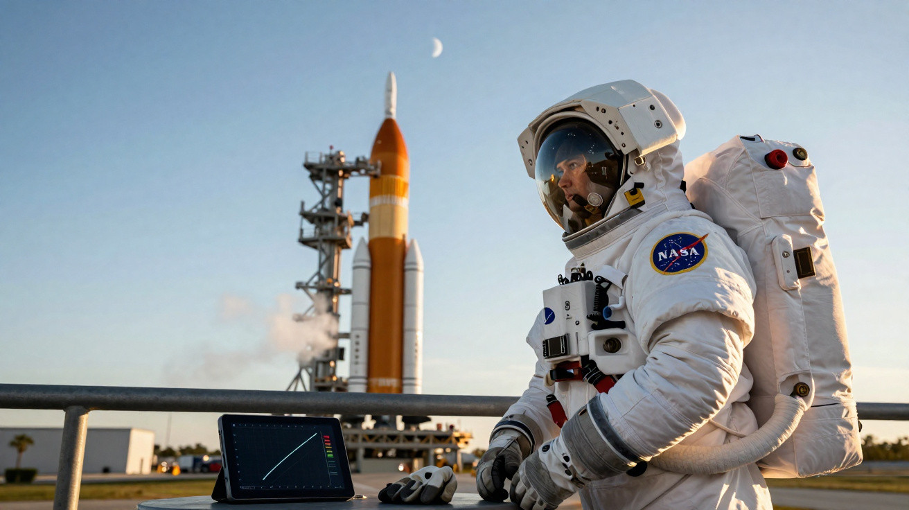 Astronauta da NASA em traje espacial, perto de foguete pronto para lançamento ao entardecer.