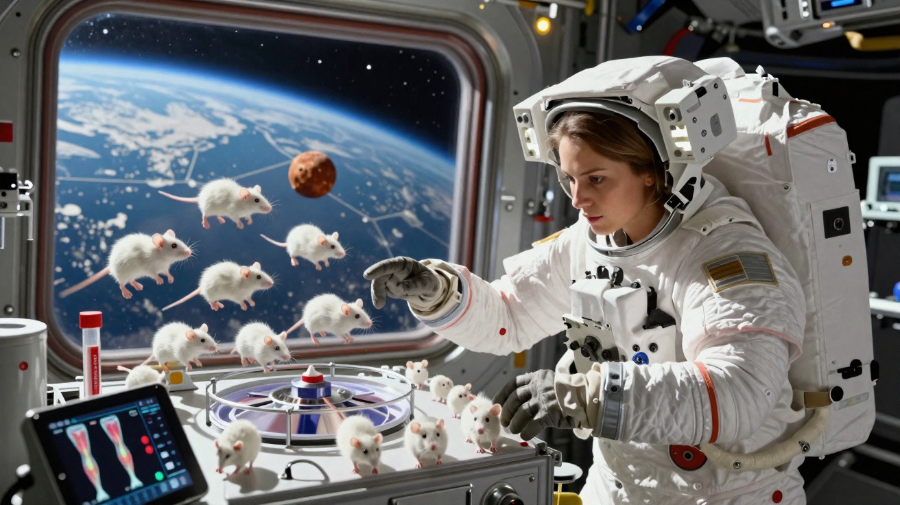 Astronauta em traje espacial interage com ratos brancos flutuando na estação espacial com a Terra ao fundo.