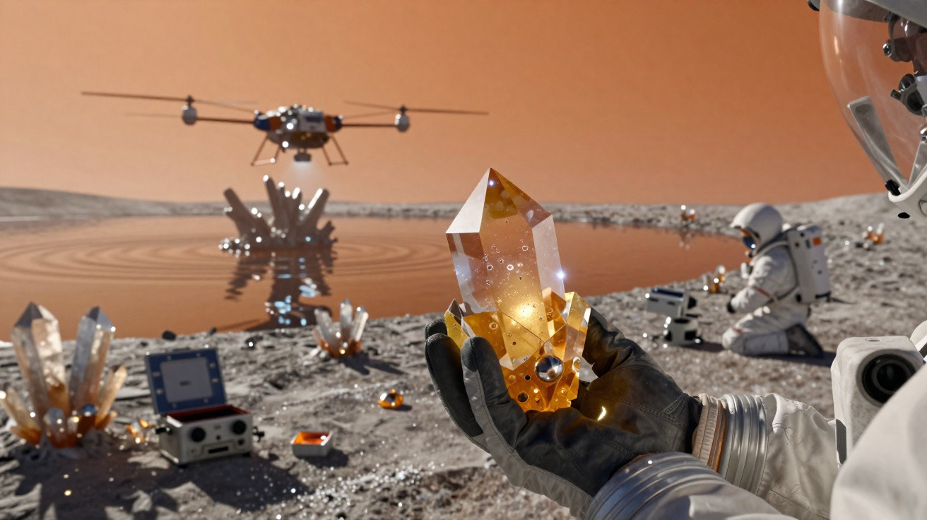 Astronauta segurando cristal laranja brilhante em planeta rochoso com drone e outro astronauta ao fundo.