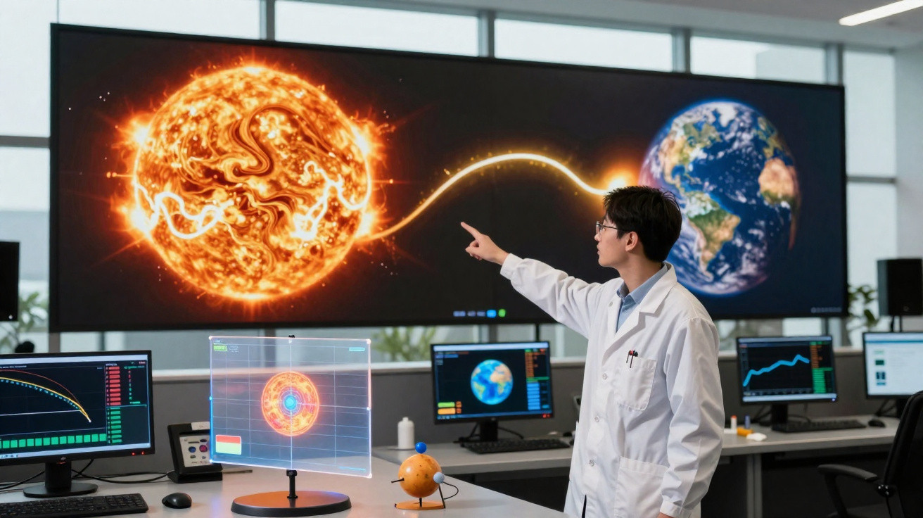 Cientista em laboratório apontando para tela com simulação do Sol e Terra conectados por energia.
