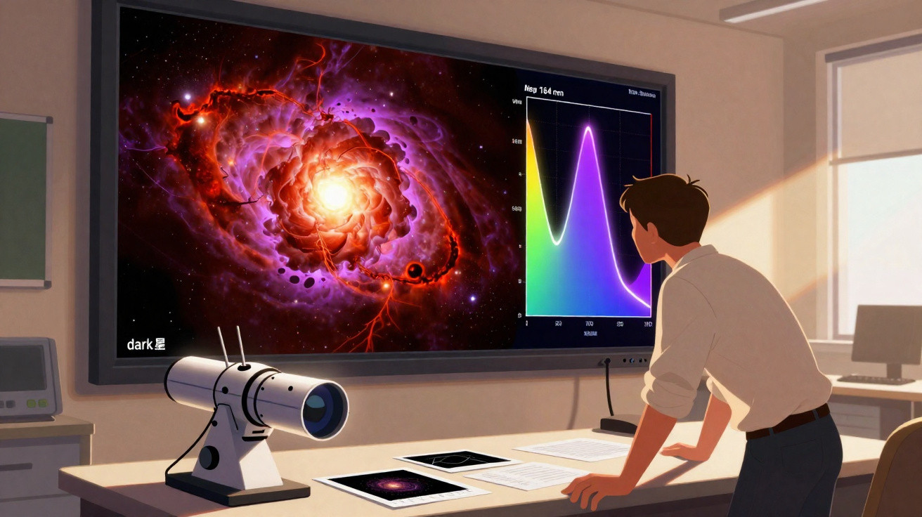 Homem observando imagem de galáxia e gráfico em tela grande em sala com telescópio e computador.
