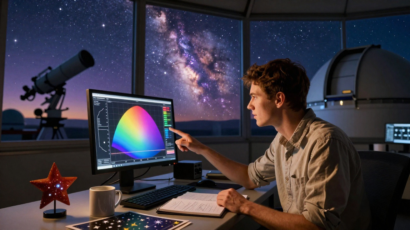 Jovem analisando gráficos de cores no computador em observatório com telescópio e céu estrelado ao fundo.
