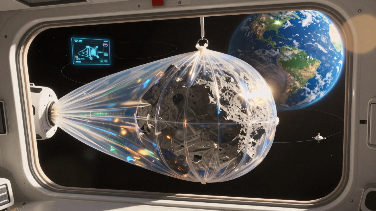 Visão do espaço mostrando Terra ao fundo e um dispositivo segurando um asteroide envolto em filme plástico transparente.
