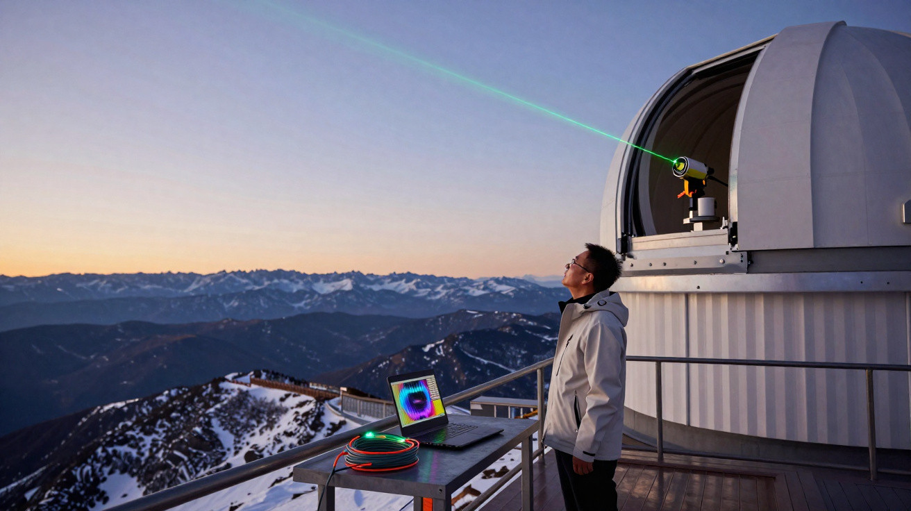 Observatório em montanha com telescópio emitindo laser verde e pessoa observando o céu ao pôr do sol.