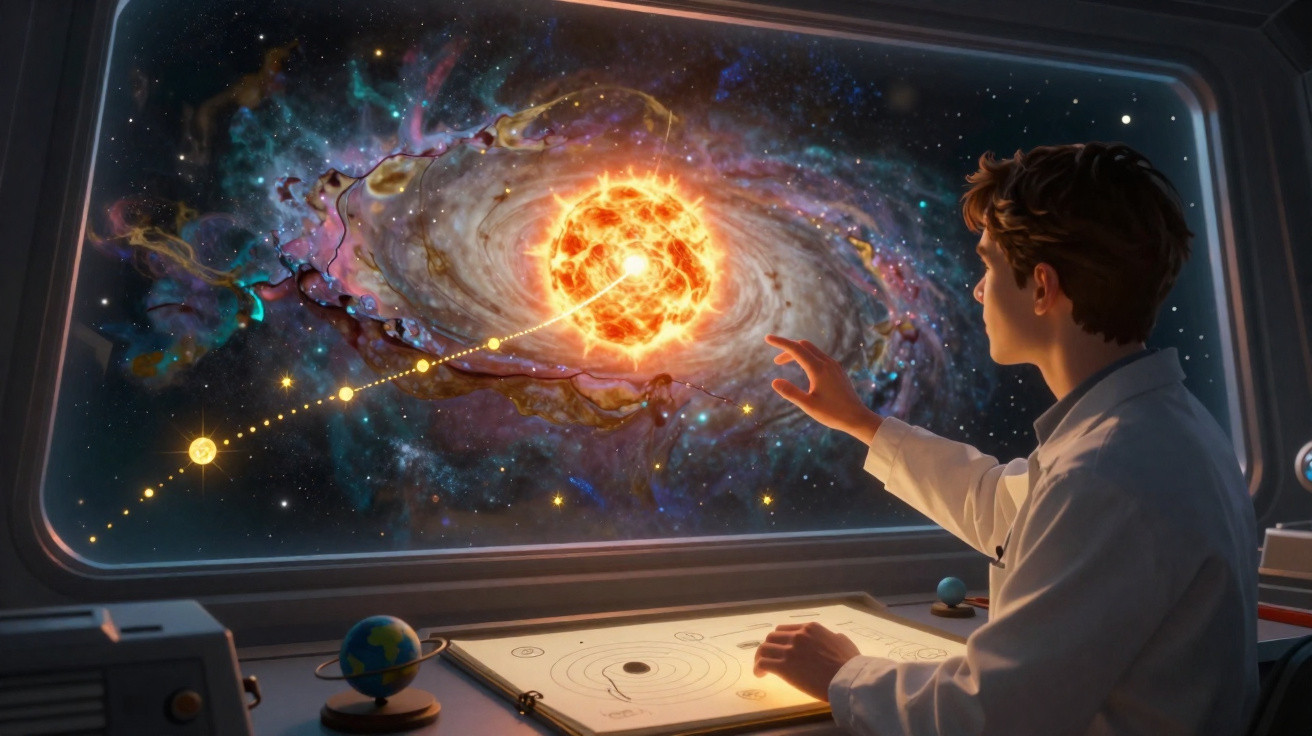 Jovem observa o sistema solar e uma grande estrela brilhante em uma janela de nave espacial.