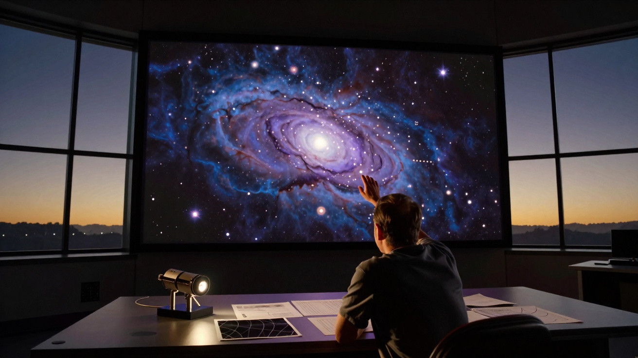 Pessoa em sala escura aponta para projeção colorida de galáxia espiral em tela grande.
