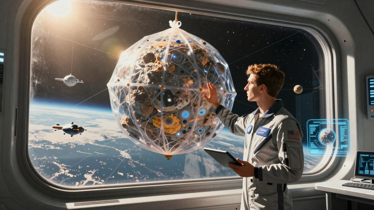 Astronauta observa modelo esférico de asteroide com planetas ao fundo pela janela da nave espacial.