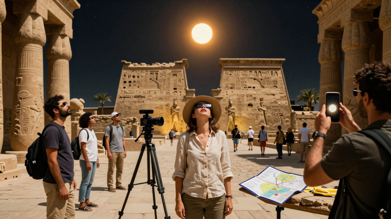 Turistas observam a lua cheia sobre ruínas antigas de templo egípcio à noite.