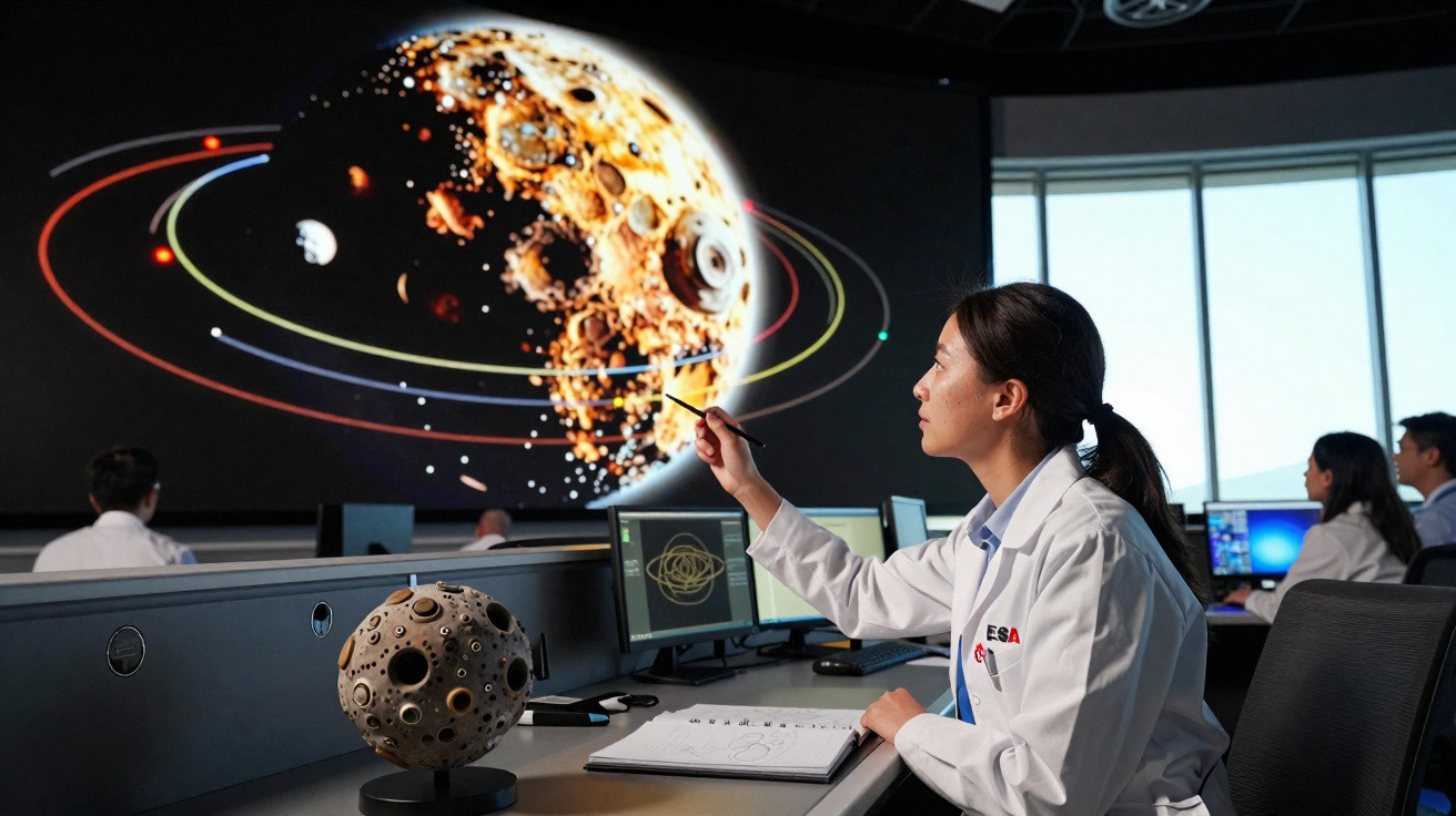 Cientista em laboratório analisa projeção digital e modelo de planeta com crateras em ambiente tecnológico.