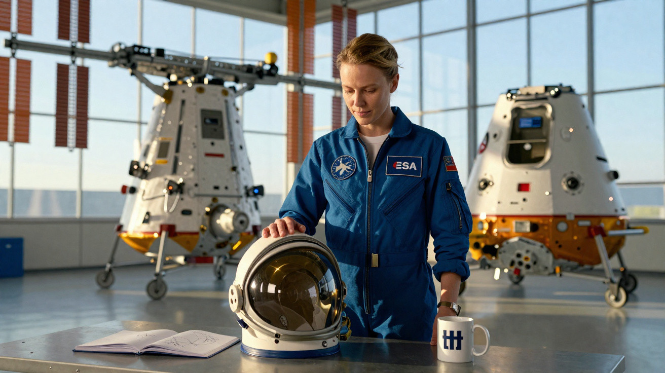 Mulher em macacão azul da ESA com capacete de astronauta em mesa e modelos de espaçonaves ao fundo.