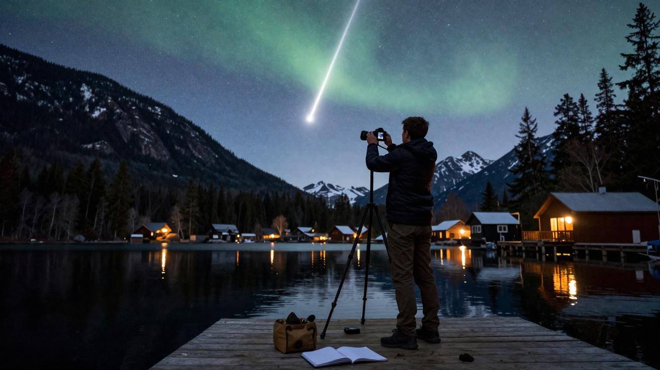 Pessoa fotografando aurora boreal e meteorito sobre lago e montanhas à noite, com cabanas iluminadas ao fundo.