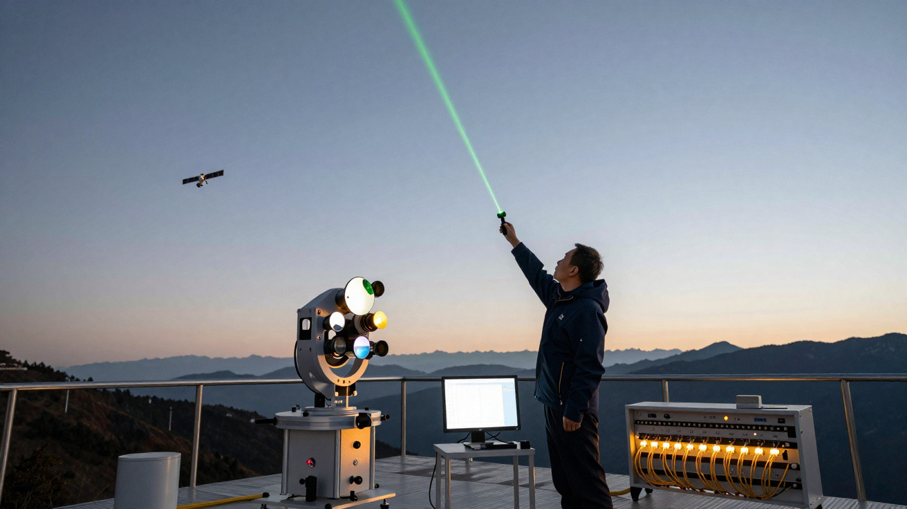 Pessoa em observatório ao ar livre apontando laser verde para avião no céu ao entardecer com equipamentos tecnológicos.